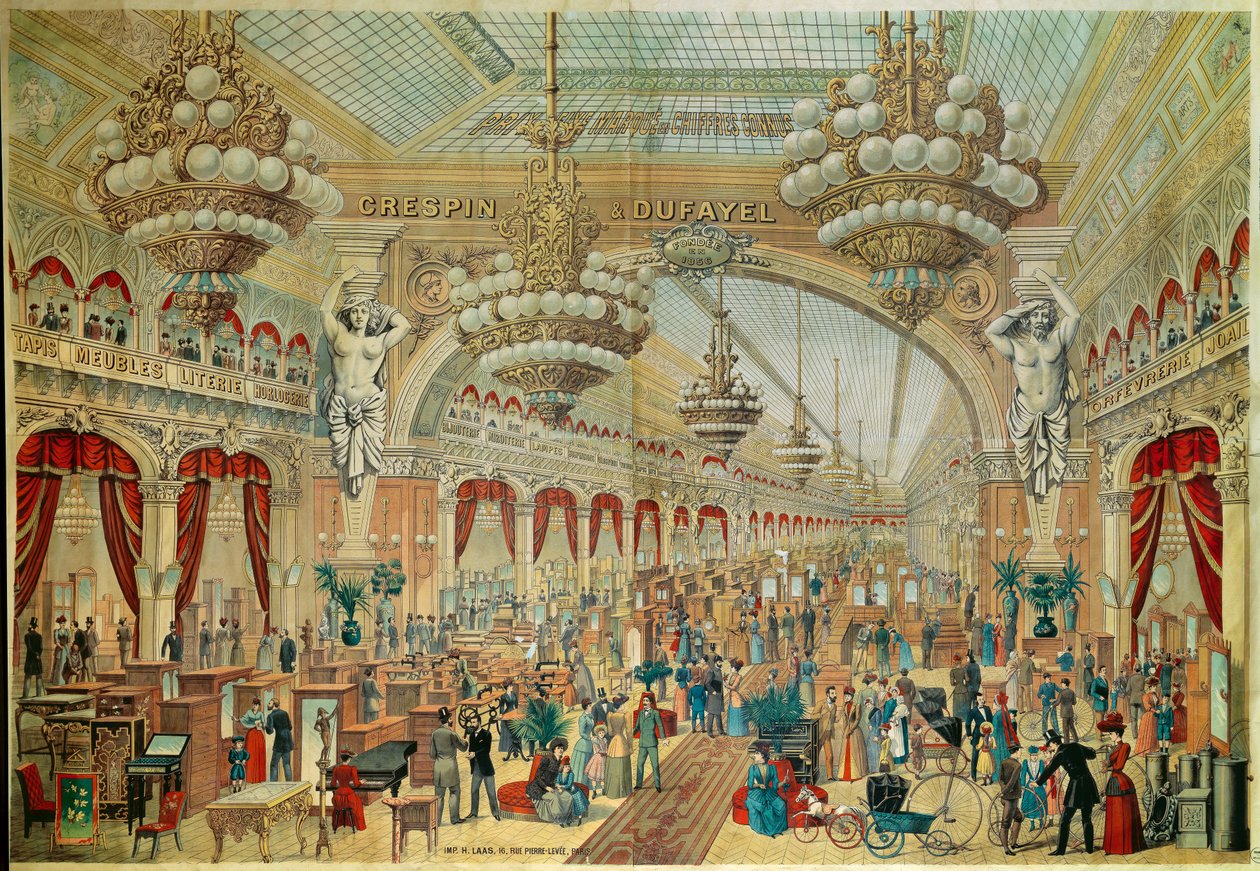 Plakat for butikker (eller gallerier) Crespin Dufayel på Boulevard Barbes i Paris. Paris fra 1800-tallet. Dekorativ kunst av French School