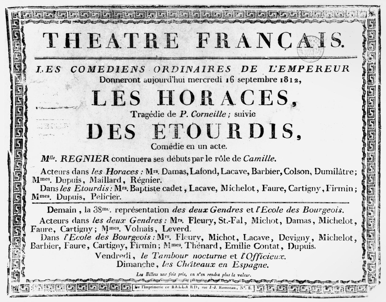 Plakat for fremføringen av Les Horaces av Pierre Corneille (1606-84) ved Theatre Francais i Paris, 1812 av French School