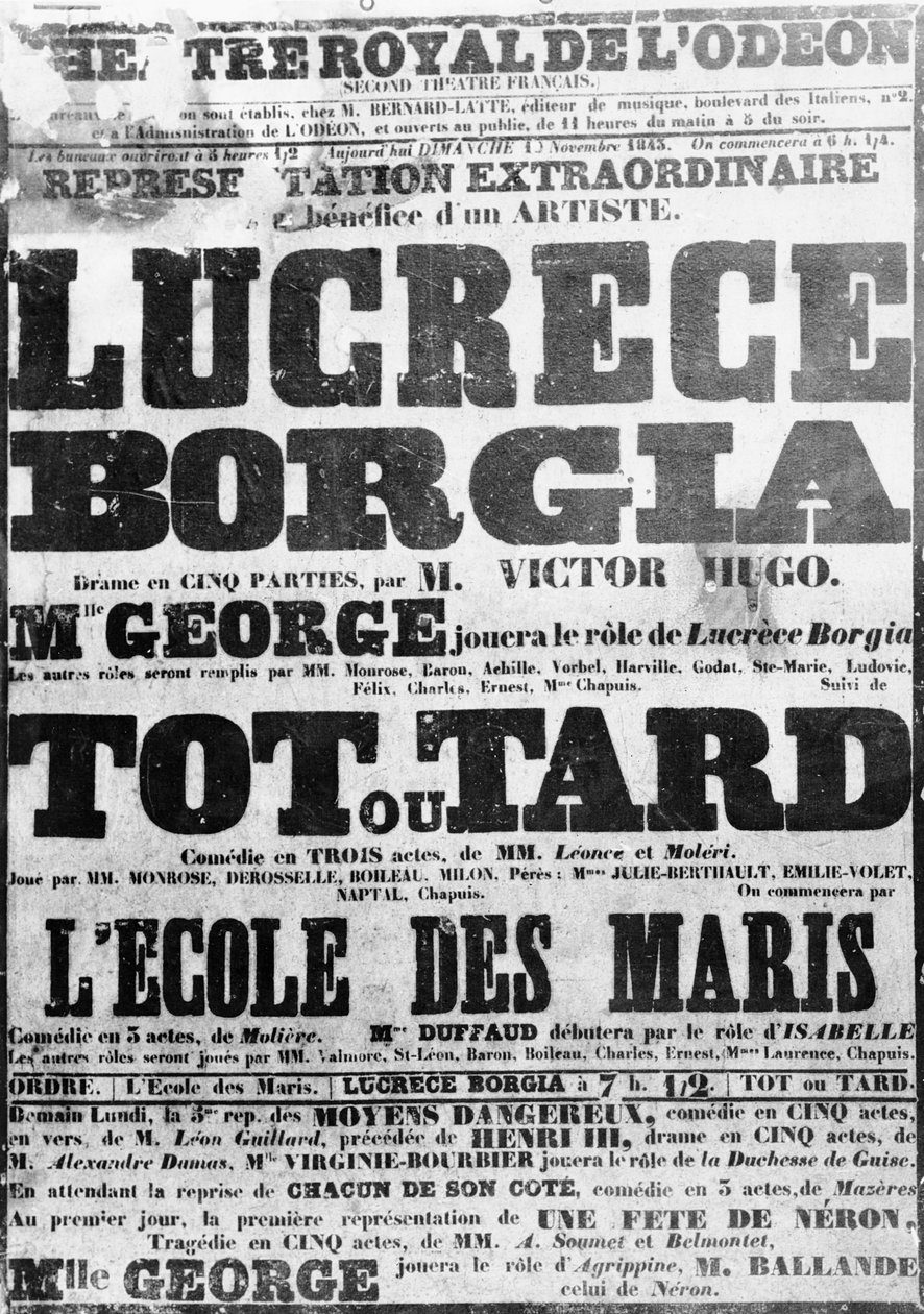 Plakat for fremføringen av Lucretia Borgia på Odeon, 1843 av French School