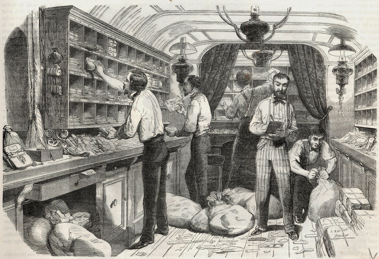 Innlegg: interiør i det mobile kontoret - Gravering i "Tableau-de-Paris" av Edmond Texier 1852 av French School