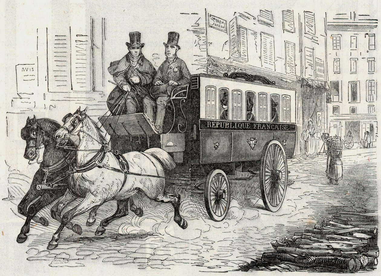 Innlegg: postmennenes omnibus - Gravering i "Tableau-de-Paris" av Edmond Texier 1852 av French School