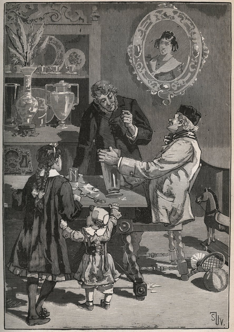 Potichomy, en prosess fra 1800-tallet for å imitere porselensvaser fra Kina og Japan. Gravering fra 1880 i "" Les arts et metiers illustres"" av Adolphe BITARD. av French School