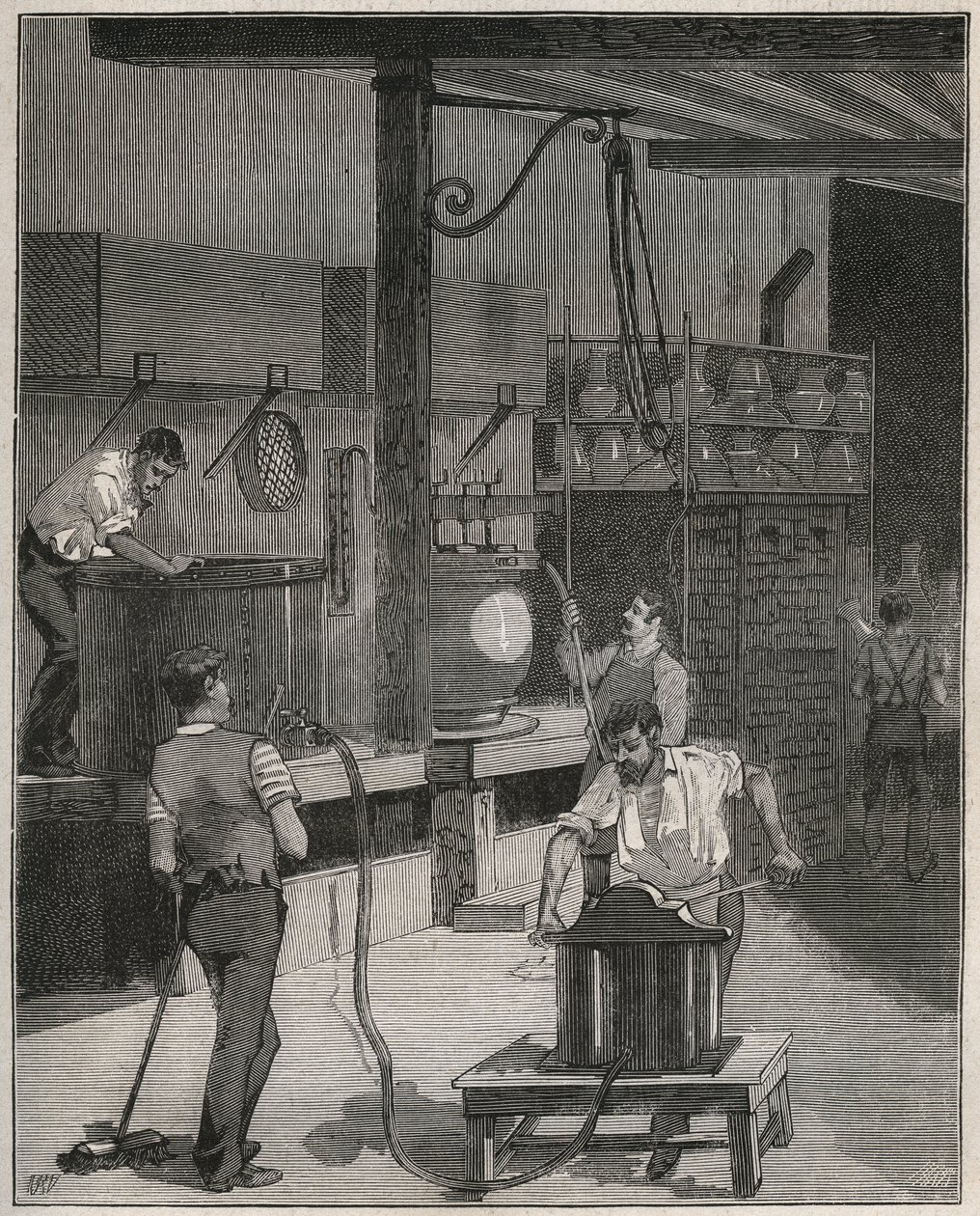 Keramikk, Manufacture de Sevres: Vakuum- og trykkluftstøpeverksted. Gravering fra 1885 i "" Les arts et metiers illustres"" av Adolphe BITARD. av French School