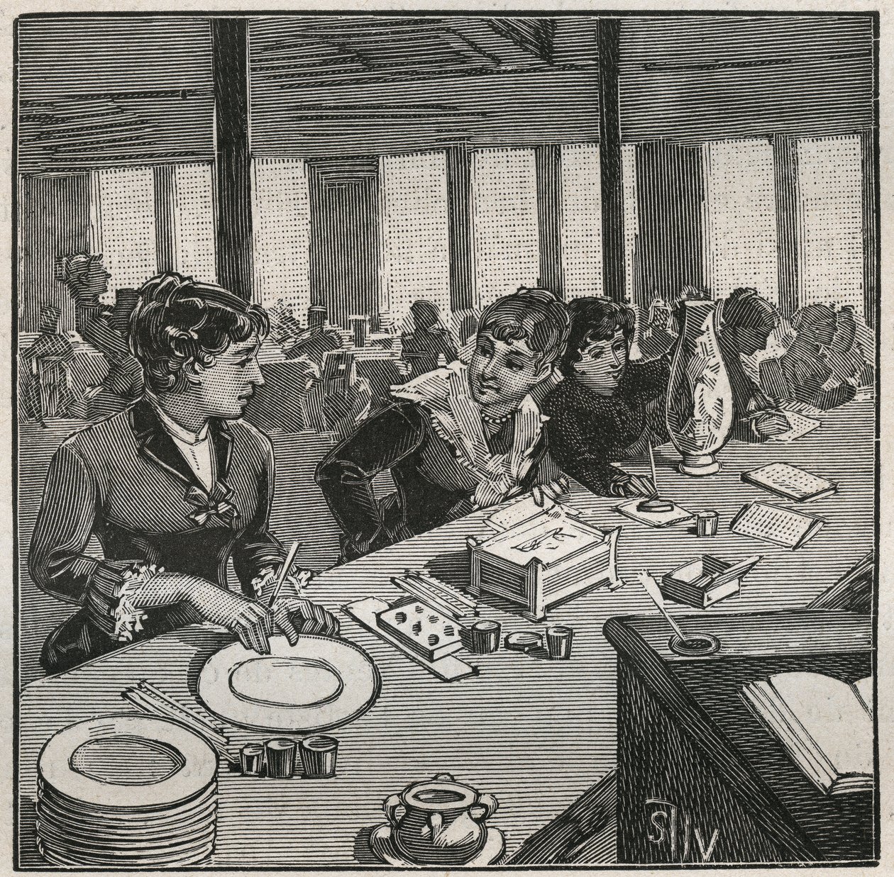 Keramikk: maleverksted på porselen på 1800-tallet i Frankrike. Gravering fra 1880 i "" Les arts et metiers illustres"" av Adolphe BITARD. av French School
