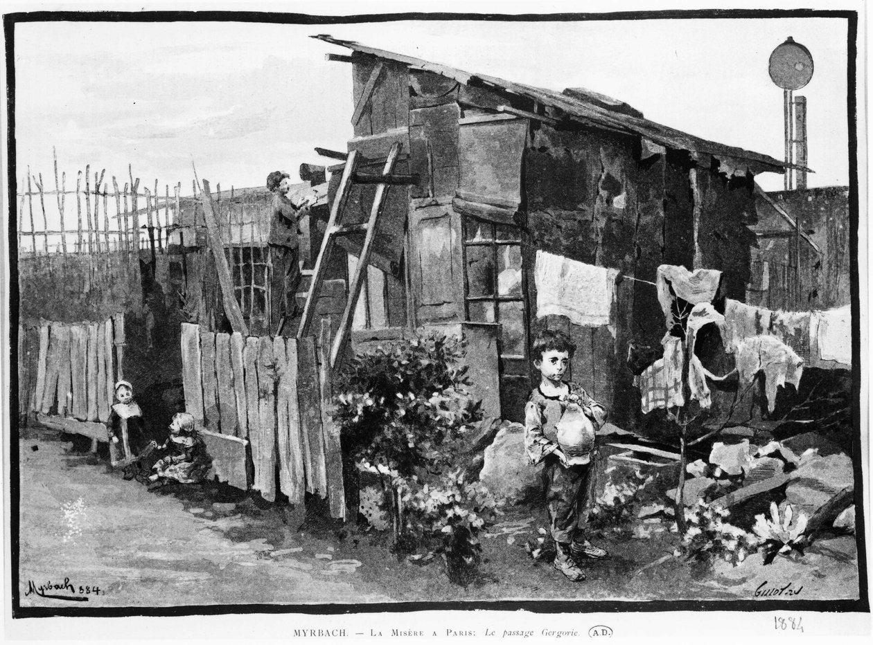 Fattigdom i Paris: slumområder, passasjen til Gergovie. 1884. Bibl. des Arts decos. av French School