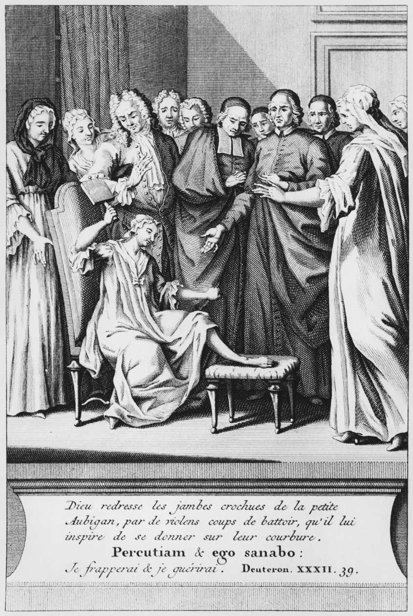 Utøvelse av assistanse og mirakuløs helbredelse av Aubigan, illustrasjon fra La verite des miracles de M. de Paris... av Louis Basile Carre de Montgeron (1686-1754) 1737 av French School