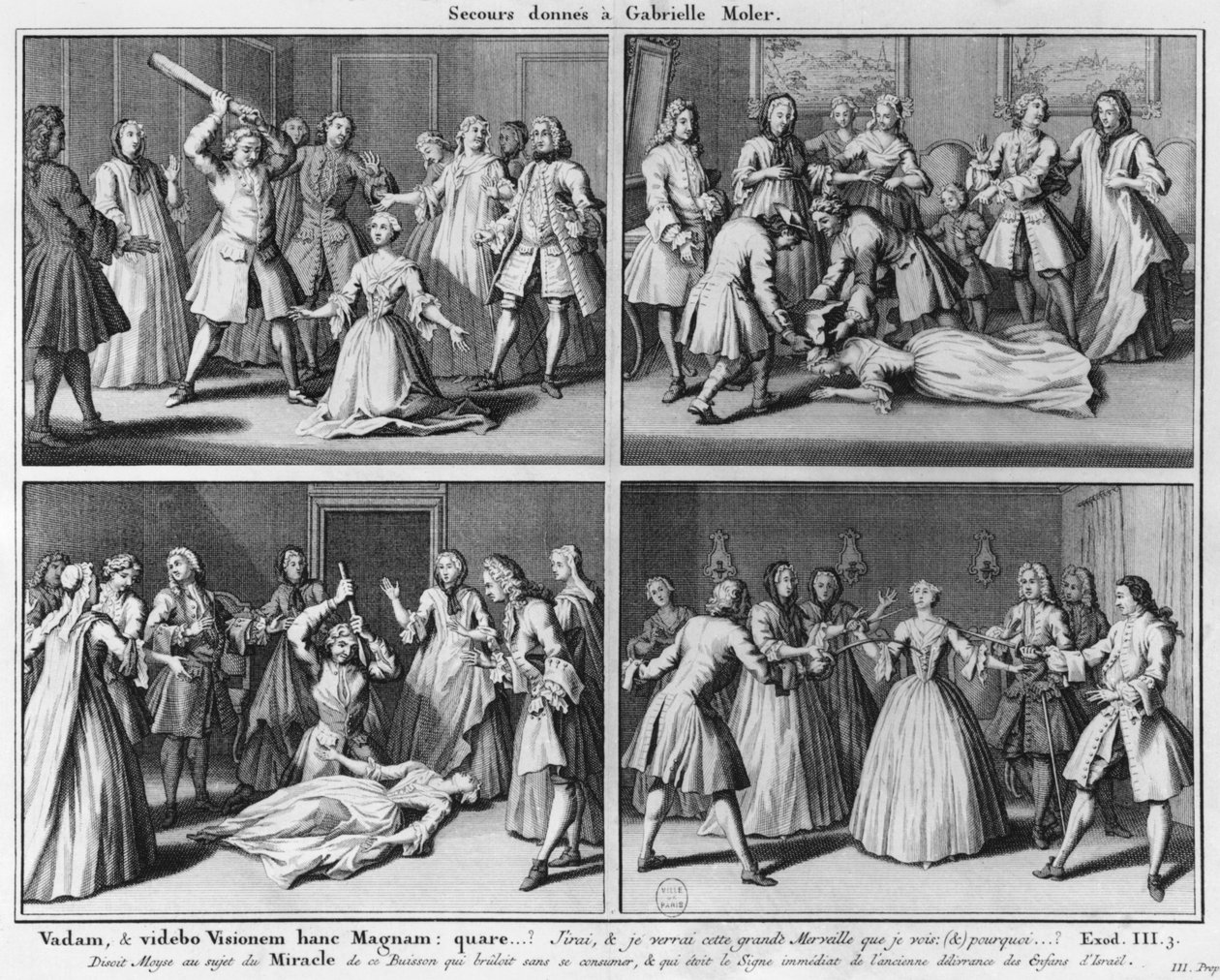 Praksis for assistanse til Gabrielle Moler, illustrasjon fra La verite des miracles de M. de Paris... av Louis Basile Carre de Montgeron (1686-1754) 1747, Köln av French School