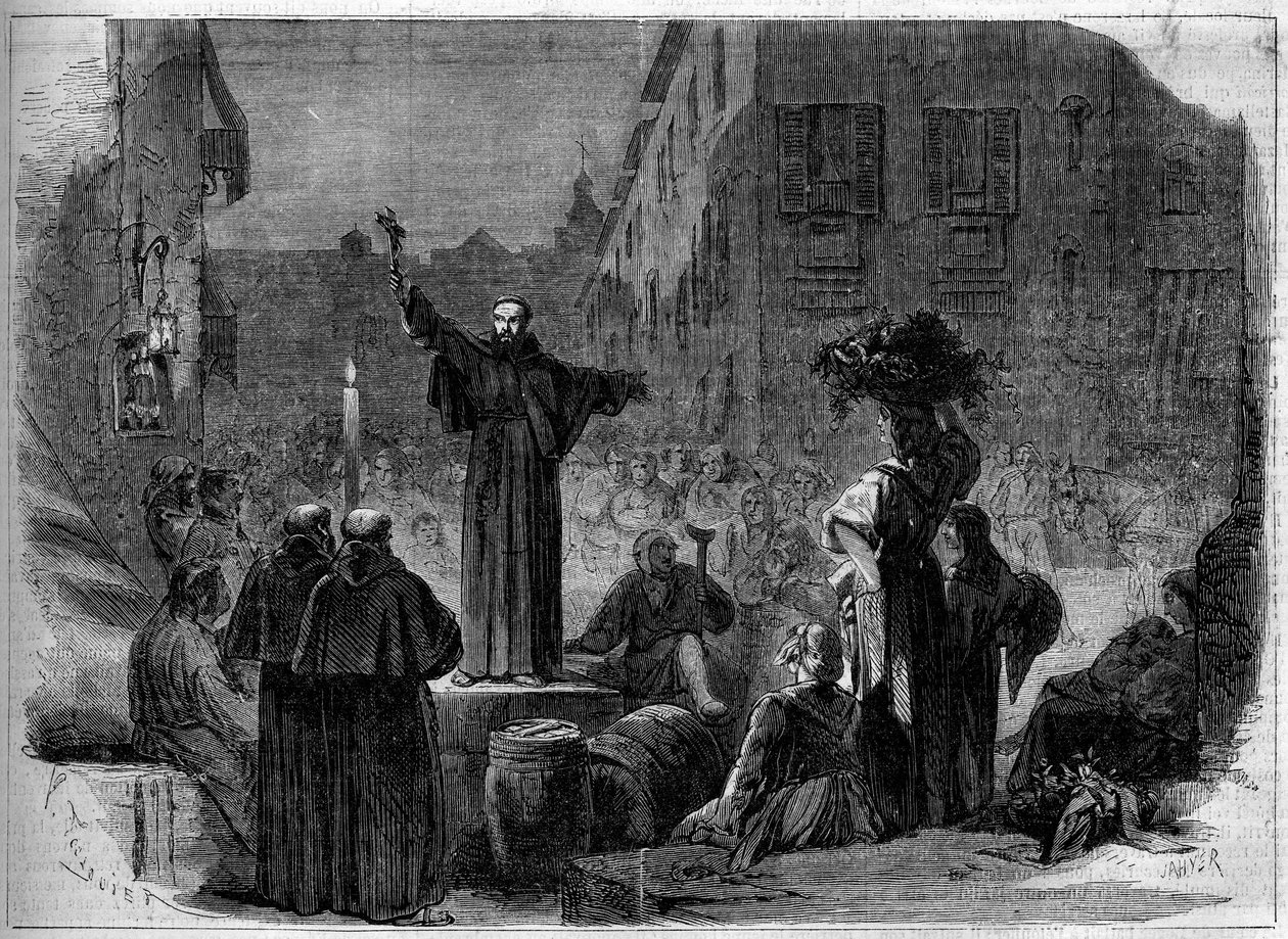 Predicator giving his sermon in the street of Toledo in Naples, Italy av French School