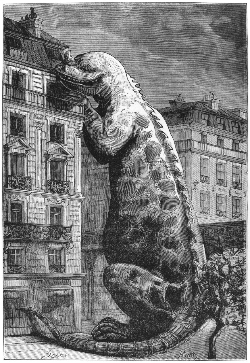 Forhistorisk monster i en moderne by, gravert av Motty (1800-tallet) illustrasjon fra Le Monde Avant la Creation de lHomme av Camille Flammarion, utgitt av Marpon og Flammarion, 1886 (gravering av French School