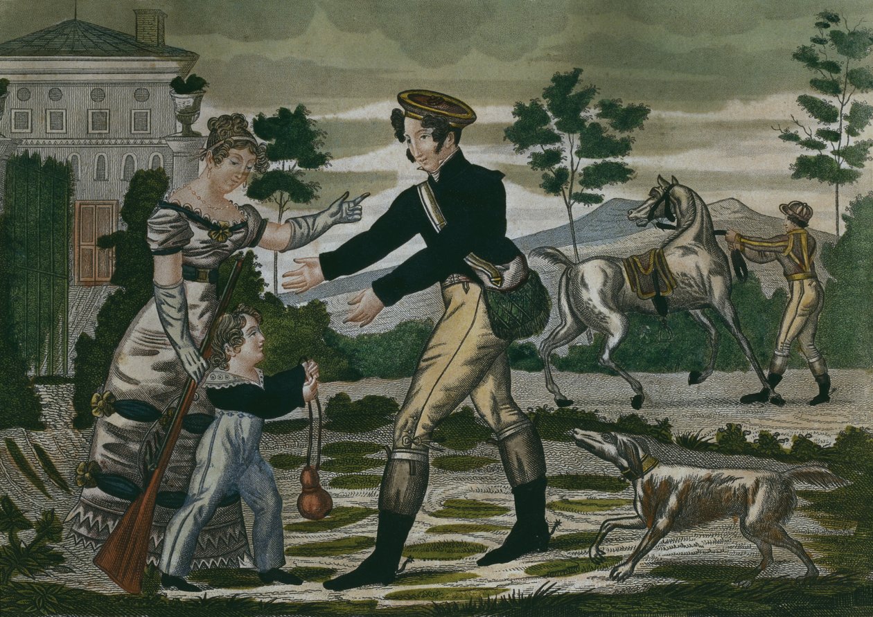 Forberedelse til jakten, plate 1, tidlig på 1800-tallet (fargegravering) av French School