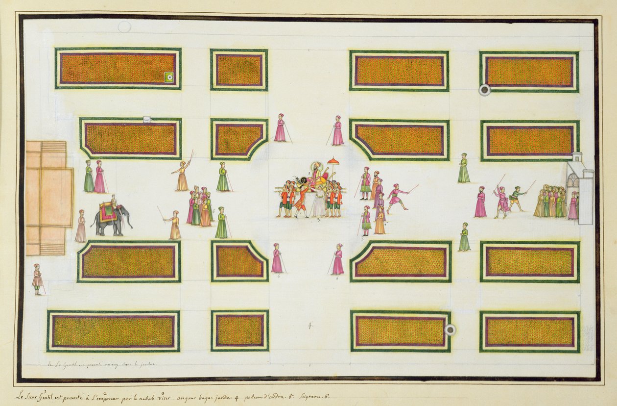Presentasjon av Gentil av Nawab Shuja ud-Daula til keiser Shah Alam i Angur Bagh fra The Gentil Album, utgitt i 1774 av French School
