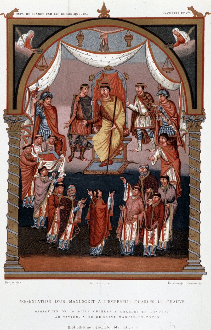 Presentasjon av et manuskript til Charles the Bald, 9. "The Chroniclers of the History of France from the Origins to the 16th Century" av Mme de Witt, Paris av French School