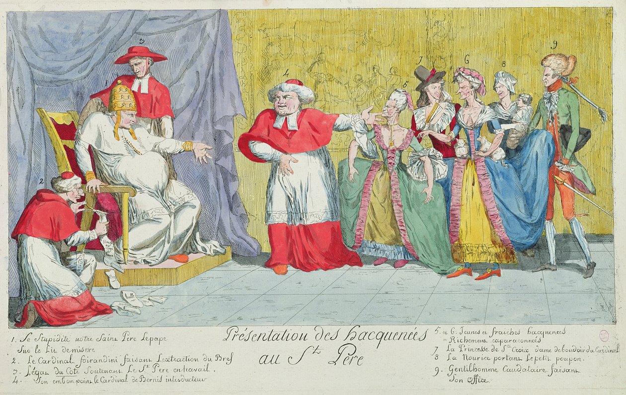 Presentasjon av hoppene til den hellige far, karikatur av introduksjonen av Adelaide (1732-1800) og Victoire de France (1733-99) til paven, 17. april 1791 av French School