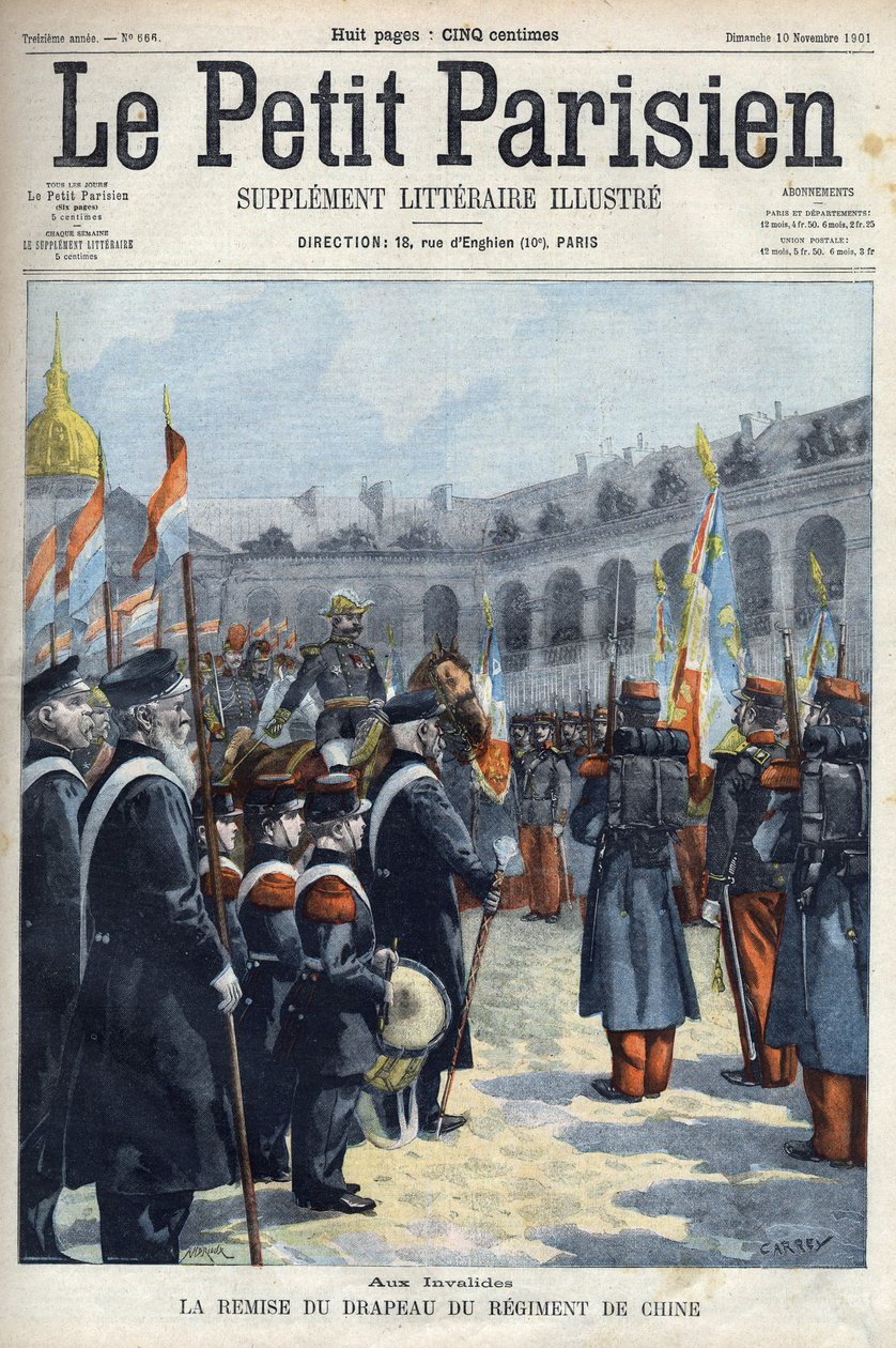 Presentasjon av flagget til Regiment of China av general Faure Biguet (Faure-Biguet) til general Arnoux guvernør ved Invalides i Paris, i "Le petit Parisien"" 1901 (gravering) av French School