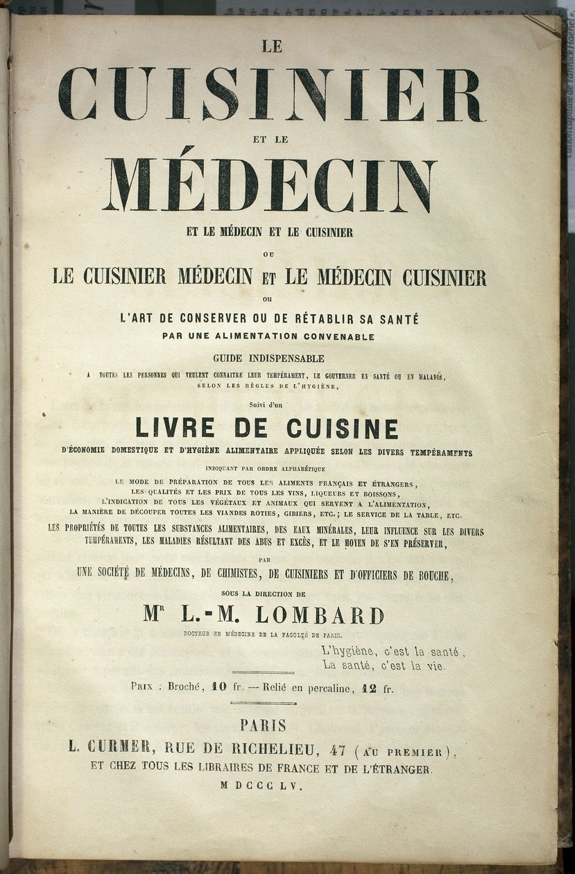 Presentasjonsside av boken "" Kokken og legen, kunsten å bevare eller gjenopprette sin helse gjennom et passende kosthold"", redigert av L.M.Lombard, utgave L.Curmer av French School