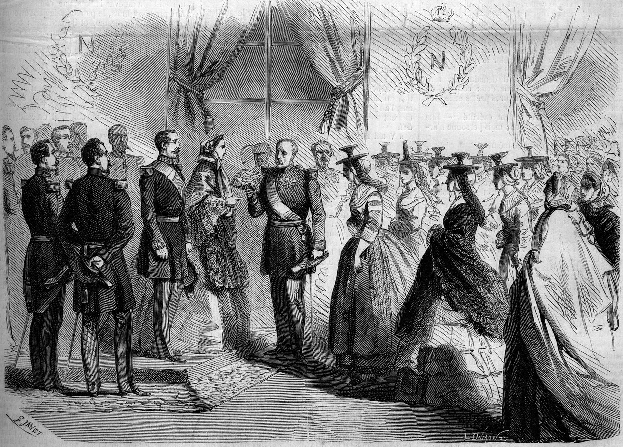 Presentation to Napoleon III (1808-1873) and to the Impress Eugenie (1826-1920) of twelve Maconnaises in country costume. Macon, Saone and Loire (71) av French School
