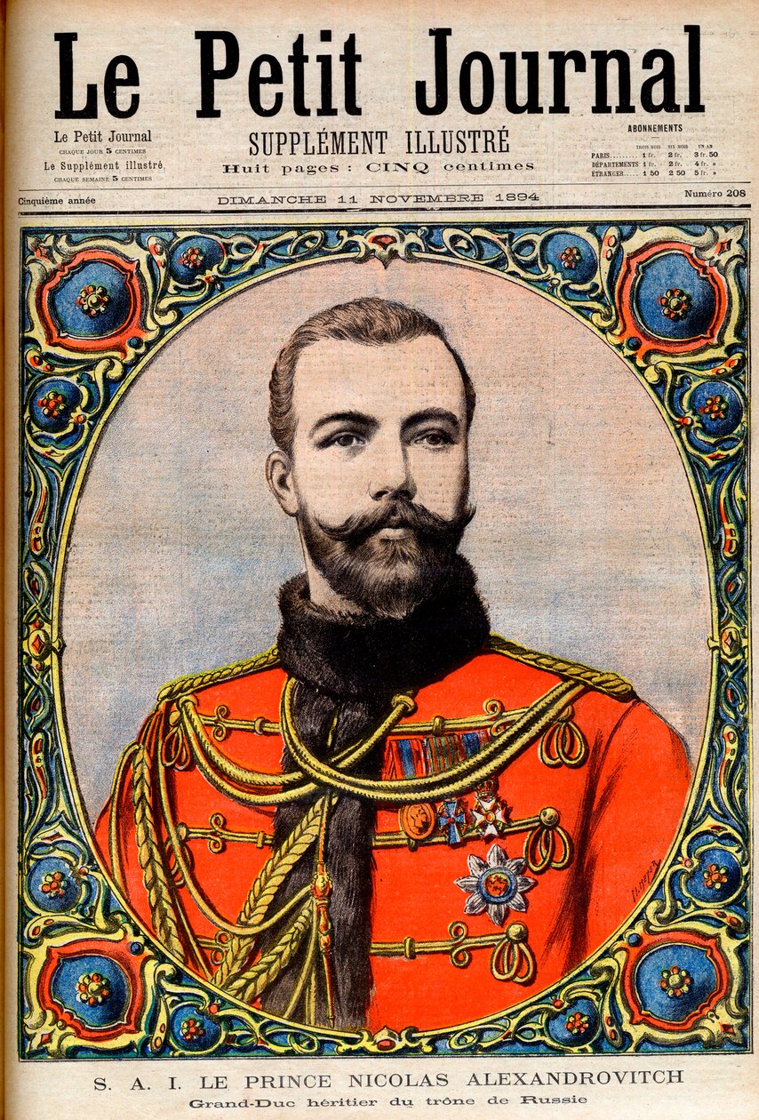 Prins Nicholas Alexandrovich, arving til den russiske tronen (fremtidig keiser og tsar Nicholas II) Prins Nicholas Alexandrovich, storhertug av tronen i Russland. Illustrasjon for Le Petit Journal av French School