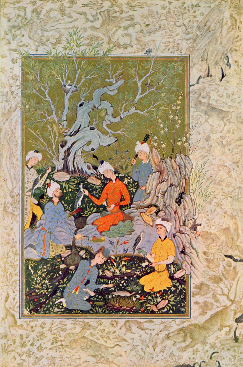 Prinsjakt med falker, illustrasjon for The Arabian Nights, 1895 (fargegravering) av French School