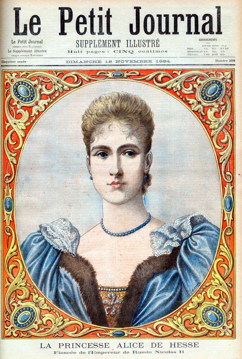 Prinsesse Alix av Hessen (Alexandra Feodorovna) (Alexandra Feodorovna Romanov) forlovede til tsar Nicholas II av Russland. Prinsesse Alice av Hessen og Rhinen (1872-1918). Forlovede til den russiske keiseren Nicholas II. Illustrasjon for Le petit Journal av French School