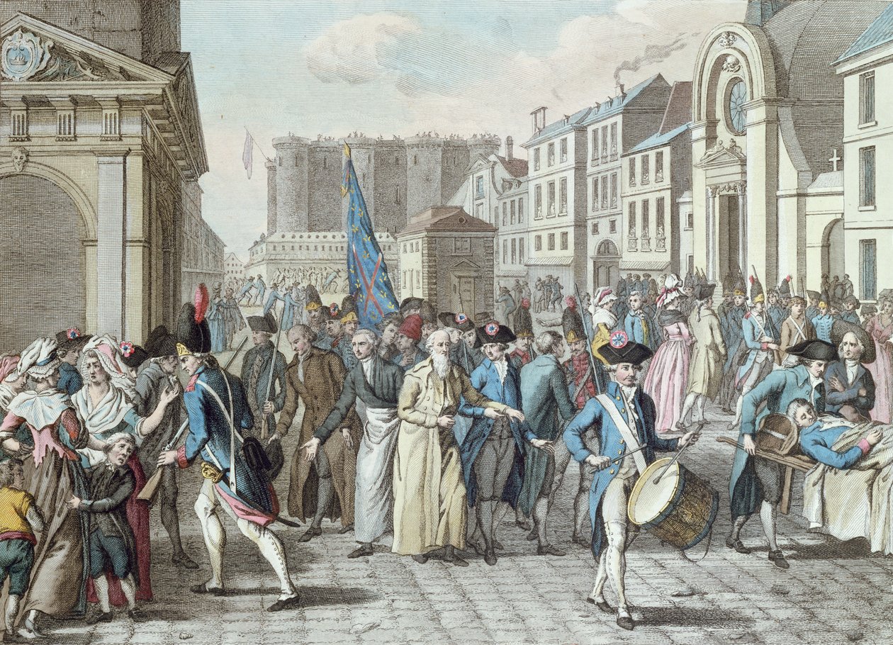 Fanger i rue Saint-Antoine etter løslatelse fra Bastillen 14. juli 1789 av French School