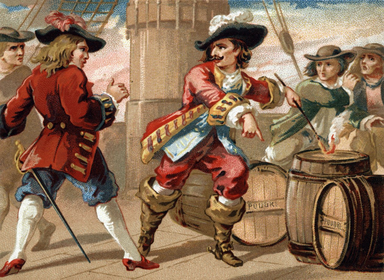Kaper Jean Bart (1650-1702) truet en engelsk kaper som tok ham til fange ved å true ham til å sprenge skipet hans ved å sette fyr på en tønne med krutt. Kromolitografi på slutten av 1800-tallet av French School