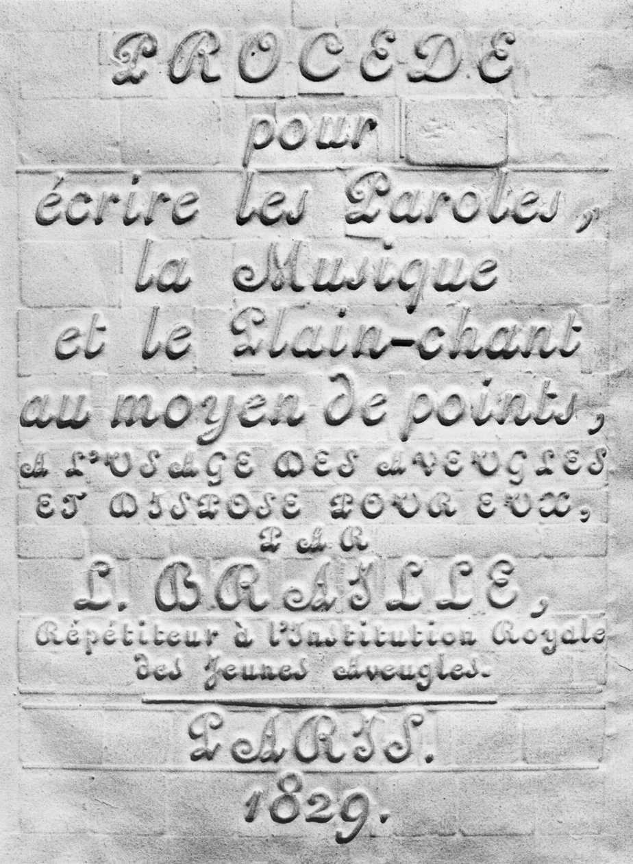 Prosess for å skrive ord, musikk og vanlig sang ved hjelp av prikker, for bruk av blinde og arrangert for dem av Louis Braille, 1829 av French School