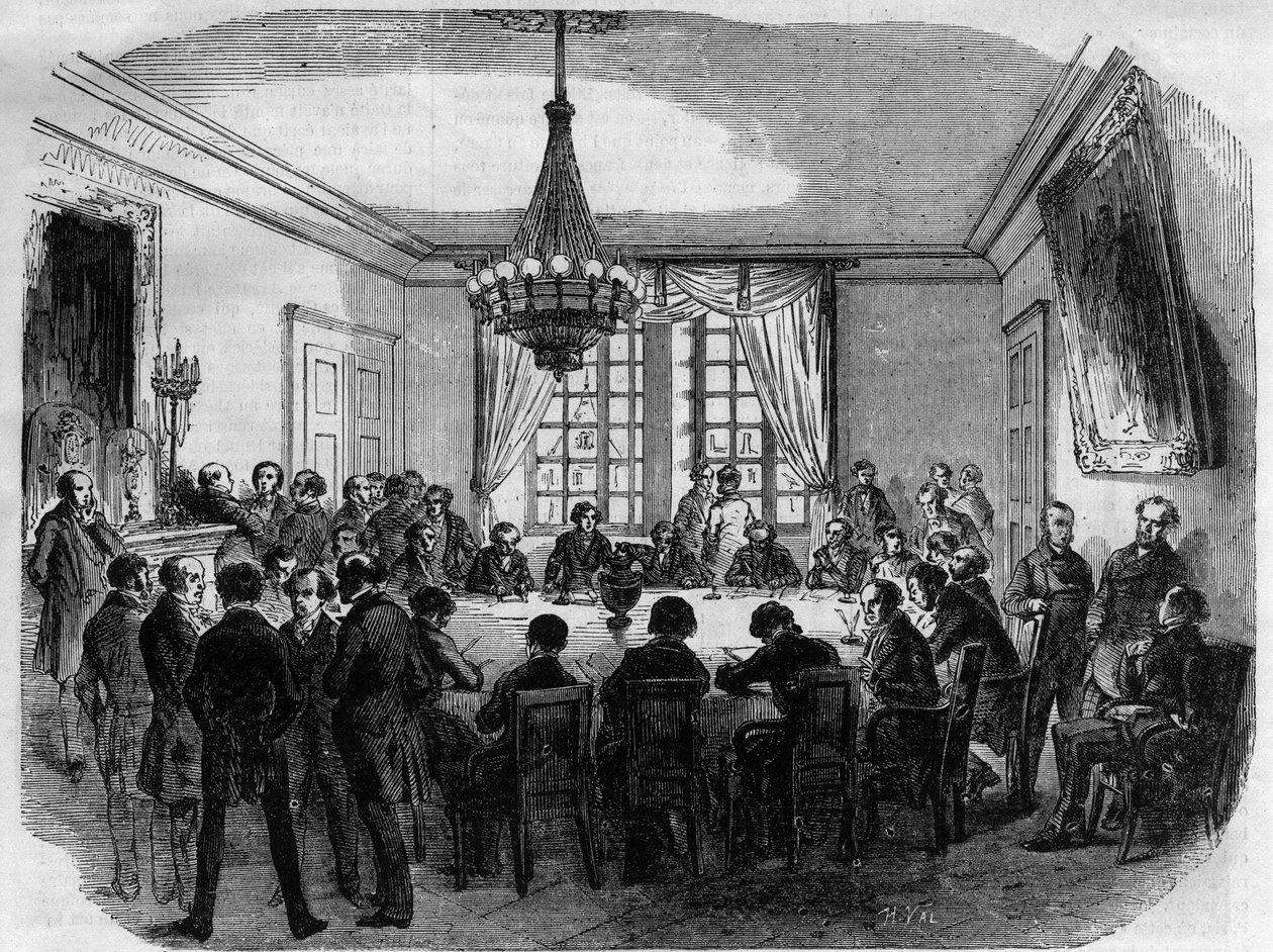 Prosessen til prins Pierre (Pierre-Napoleon) Bonaparte (1815-1881) - juryen til High Court of Justice som forbereder sin dom i rådskammeret - Gravering av 1870 av French School