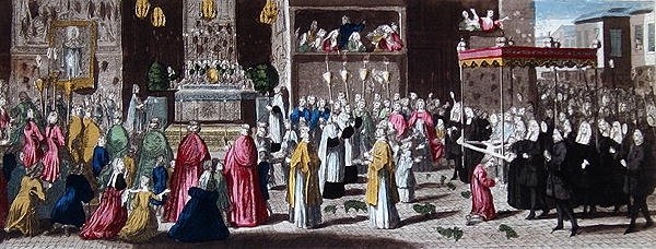 Prosesjon under Fete-Dieu i Paris (farget gravering) av French School