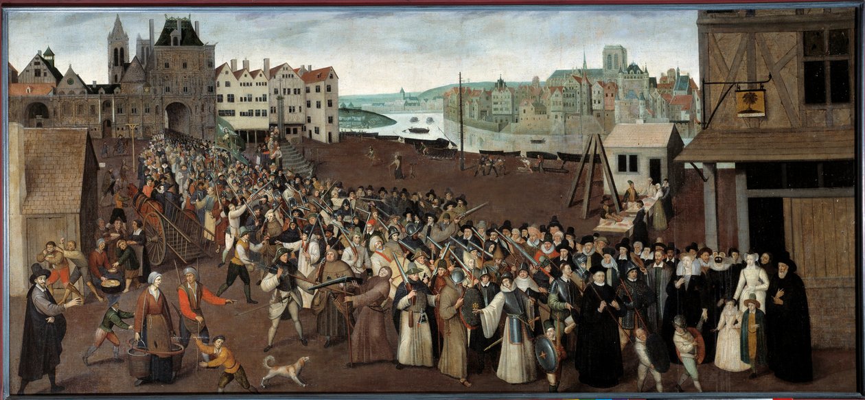 Prosesjon av ligaen på Place de Greve som forlater Arcade of Saint Jean i Paris Maleri av Ecole francaise. 1590 søn. 1x2,12 m Paris, Musee Carnavalet - Procession of the League på Place de Greve forlater Arcade St. Jean i Paris. Maling av av French School