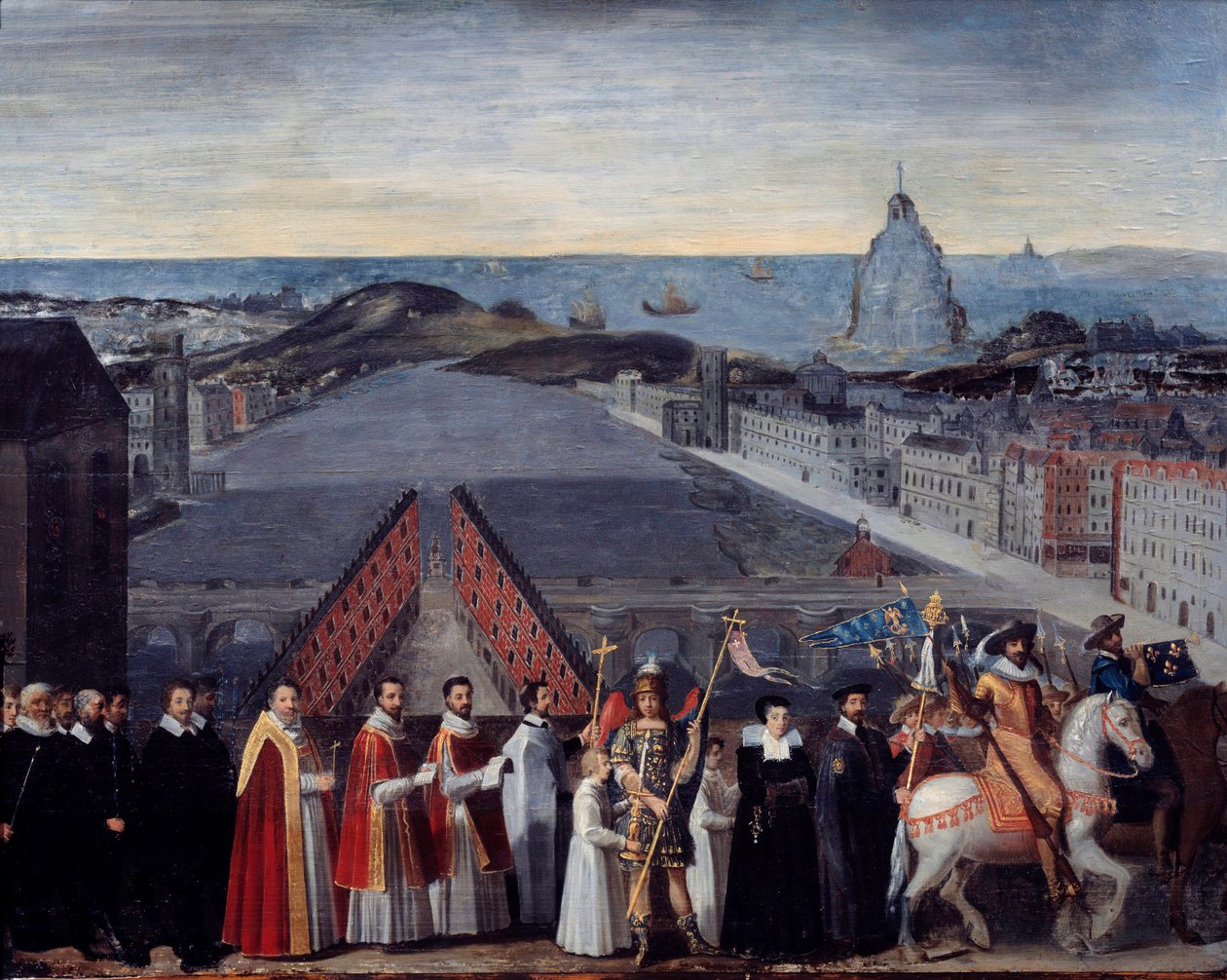 Prosesjon av den parisiske syltetøyet av pelerinene til Saint Michel du Mont sur le Pont Neuf Anonymt maleri. 17. århundre. Dim 0,80 x 1,05 m Paris, Musee Carnavalet av French School