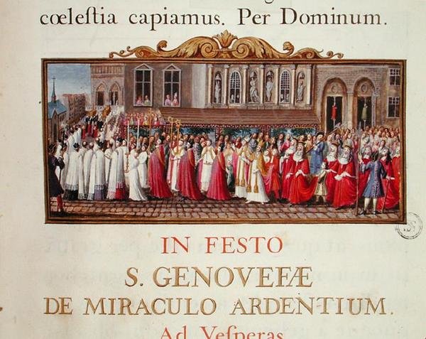 Prosesjon av relikvieskrinet til St. Genevieve, fra et manuskript til en messe dedikert til St. Genevieve av French School