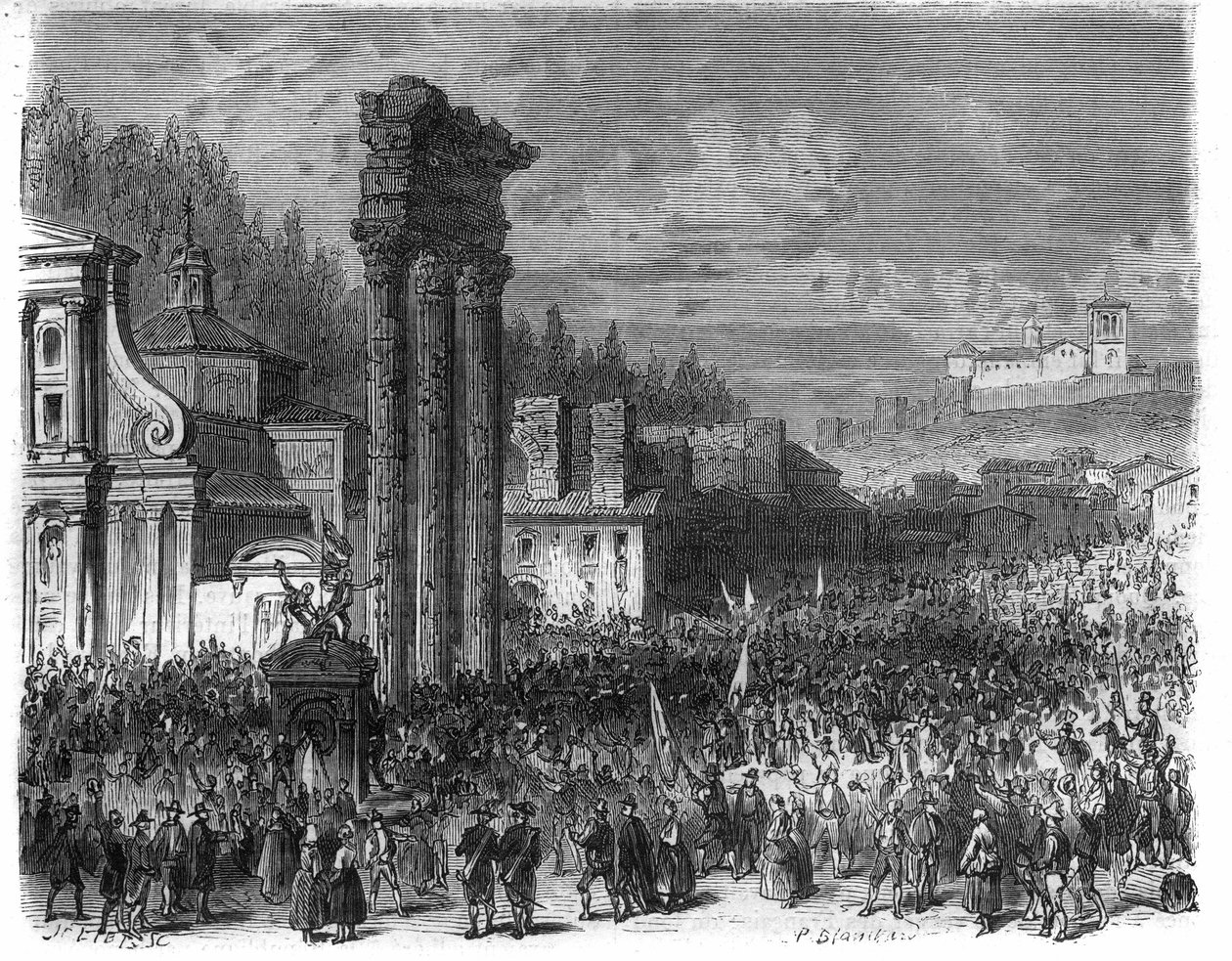 Proclamation of the Roman Republic in 1798. (Proclamation della repubblica romana nel 1878) Engraving in “Histoire des Papes-King-Queen-and-Empereurs a travers les centuries” by Maurice Lachatre av French School