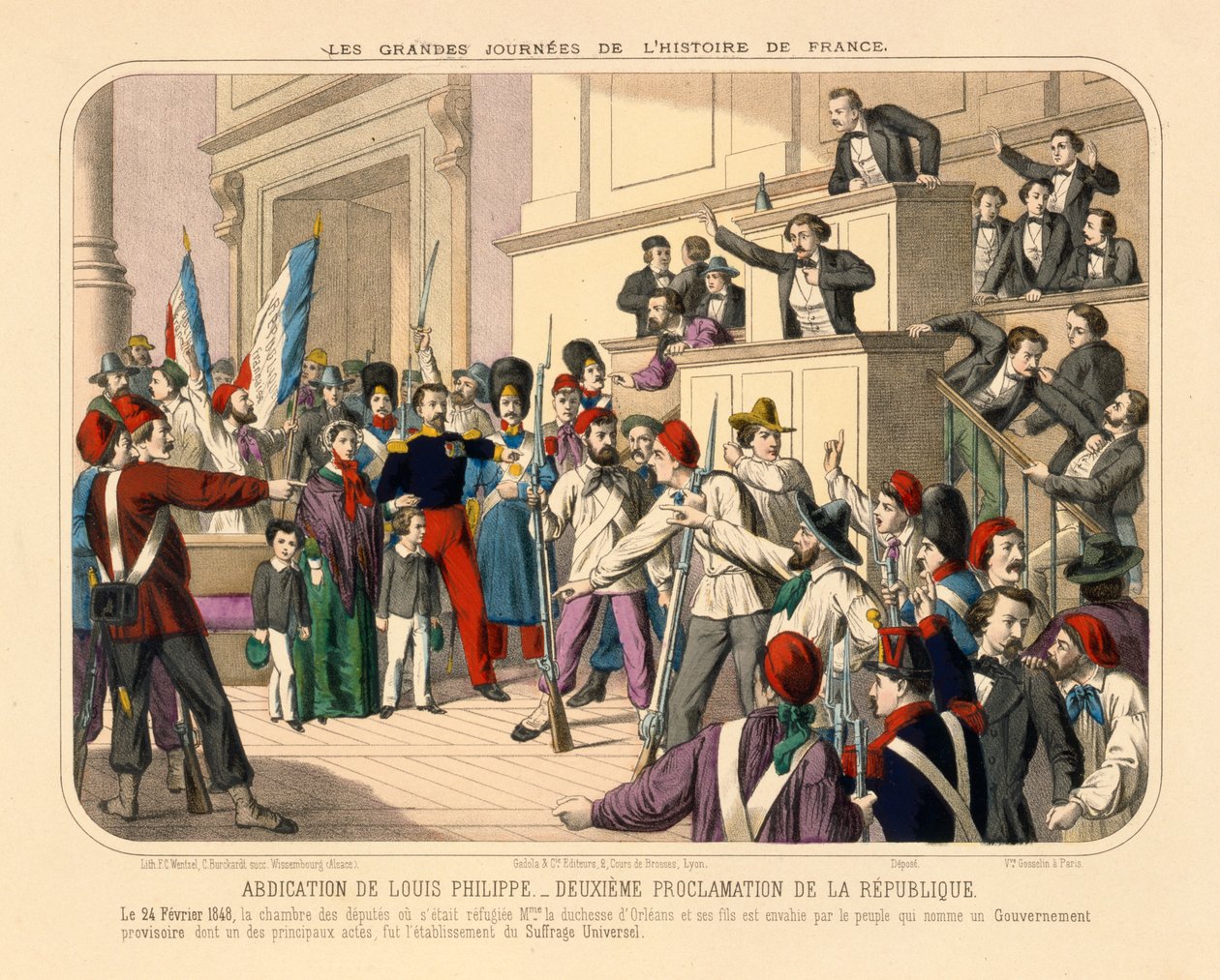 Proklamasjon av Den andre franske republikk under februarrevolusjonen, 24. februar 1848, broadsheet utgitt av Gadola, Lyon, 1848 av French School