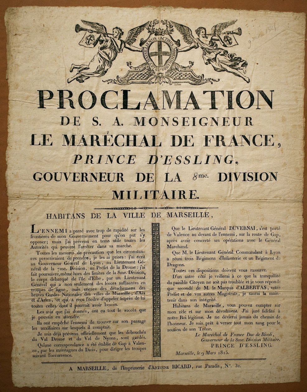 Erklæring til innbyggerne i byen Marseille, datert 9. mars av French School