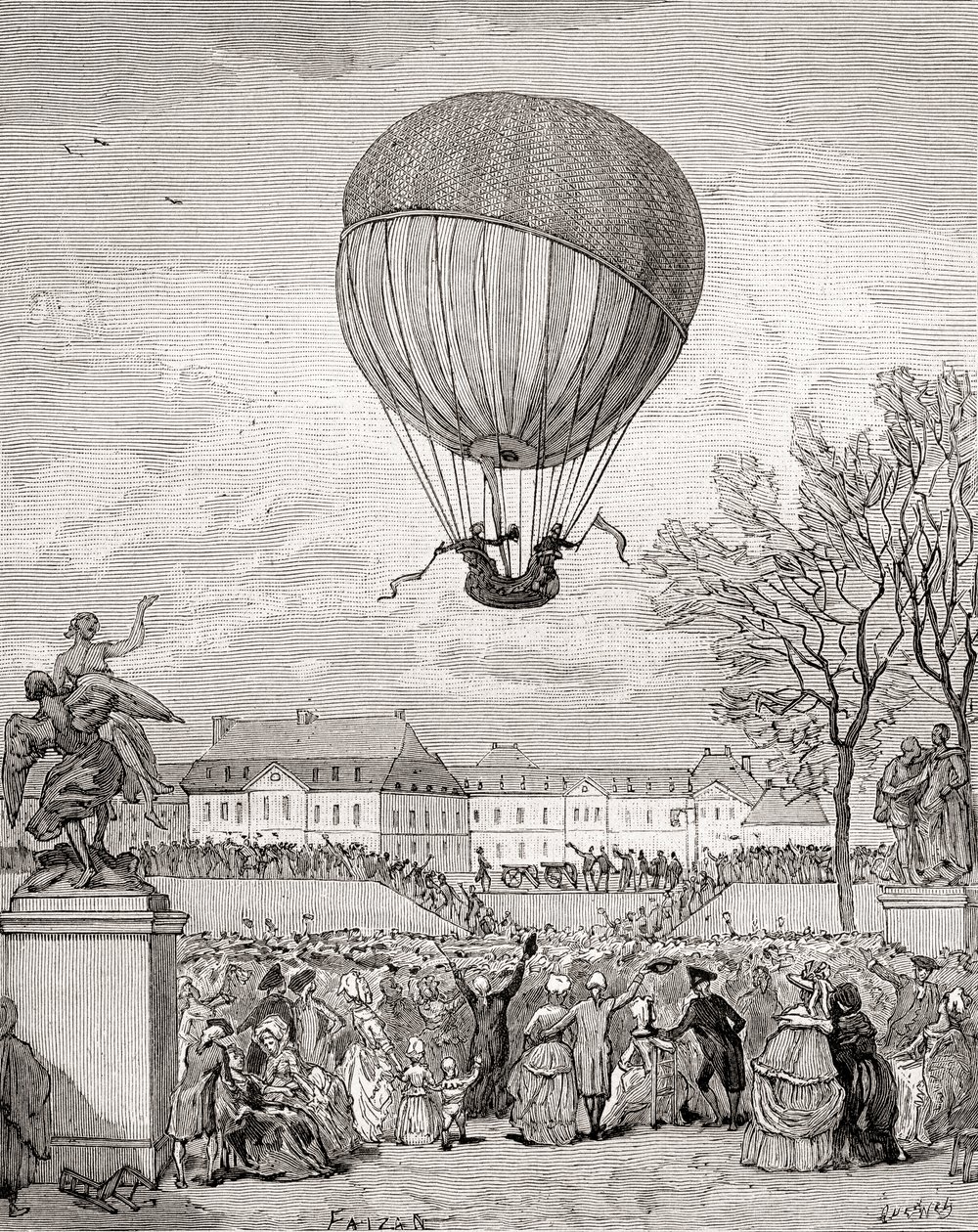 Professor Jacques Charles og Nicolas-Louis Robert flyr verdens første bemannede hydrogenballong 1. desember 1783 i Tuilleries Gardens, Paris, fra 