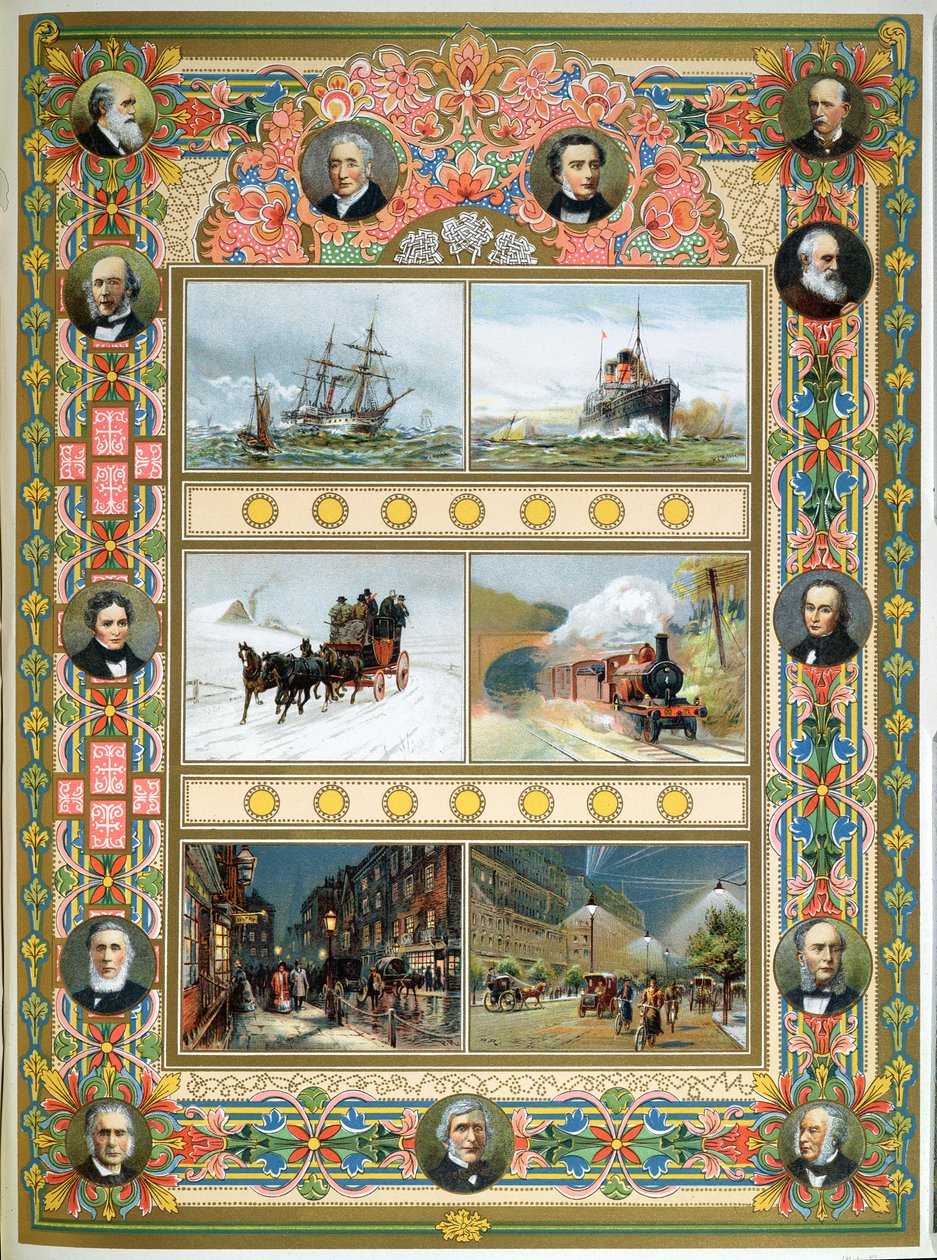 Fremgang under dronning Victorias regjeringstid (1819-1901). Seilskip, dampskip, damptog og gass og elektrisk gatebelysning, 1887 av French School