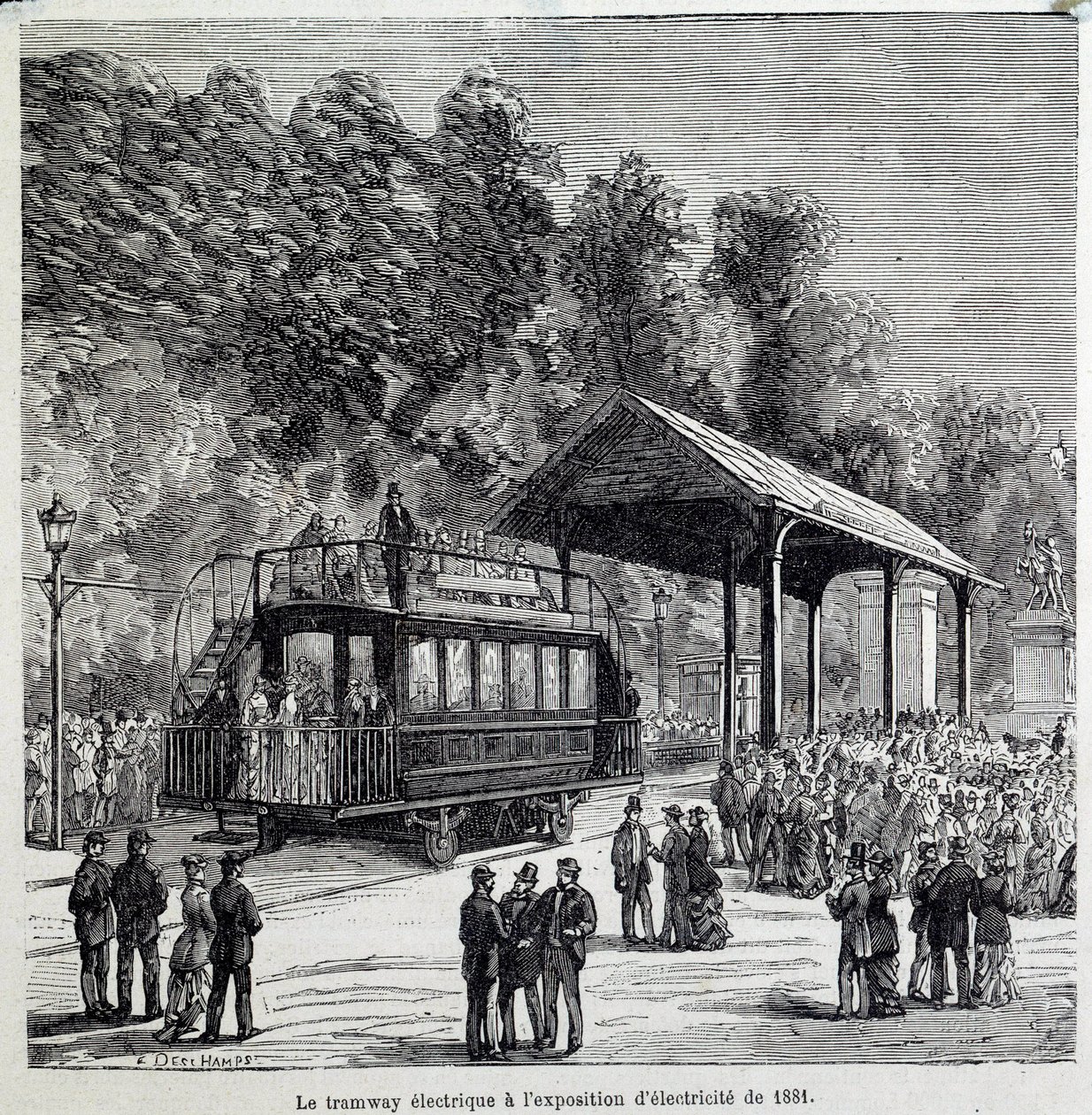 Fremskritt innen transport: den elektriske trikken viste elektrisitet i 1881. Gravering av 1800-tallet av French School
