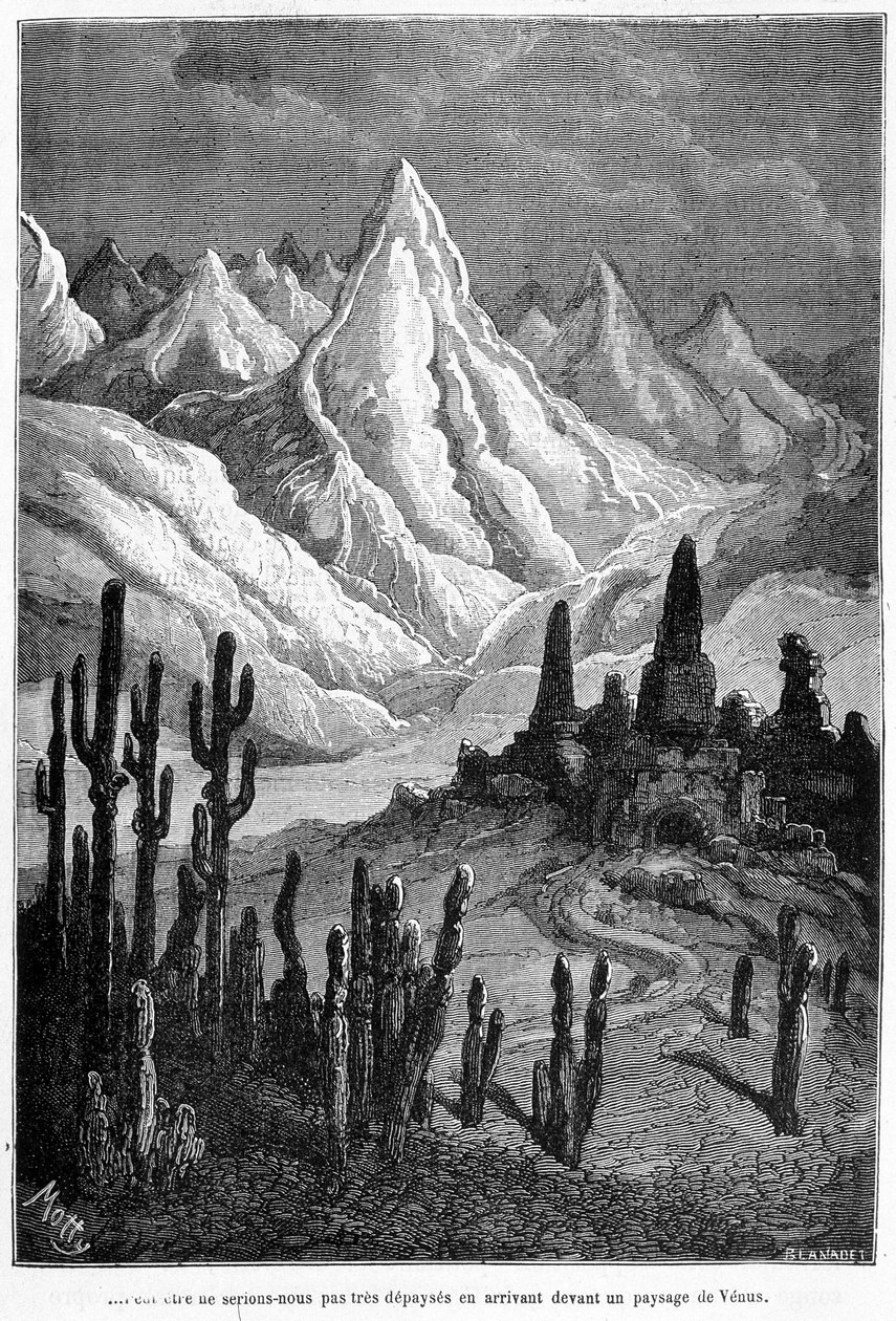 Imaginær projeksjon av et landskap av Venus - i "Les Terres du Ciel"" av Camille Flammarion, red. Marpon & Flammarion, Paris av French School