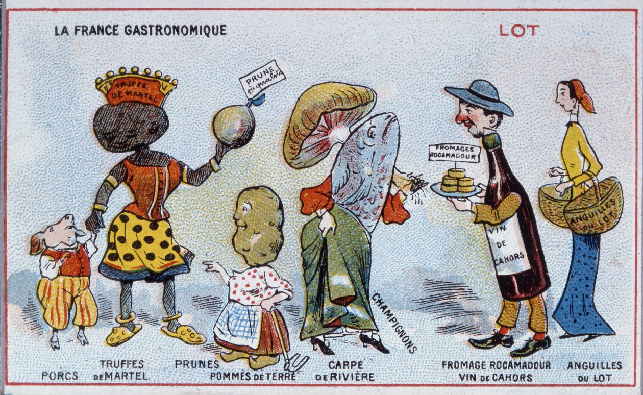 Salgsfremmende og pedagogisk kort som viser matspesialiteter fra Lot-regionen, ca. 1910 av French School
