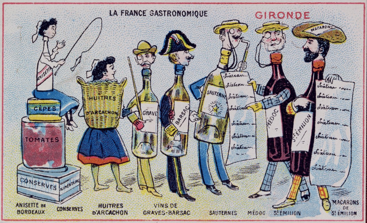 Kampanje- og pedagogisk kort for barn som viser matspesialiteter fra Gironde-regionen. ca. 1910 av French School