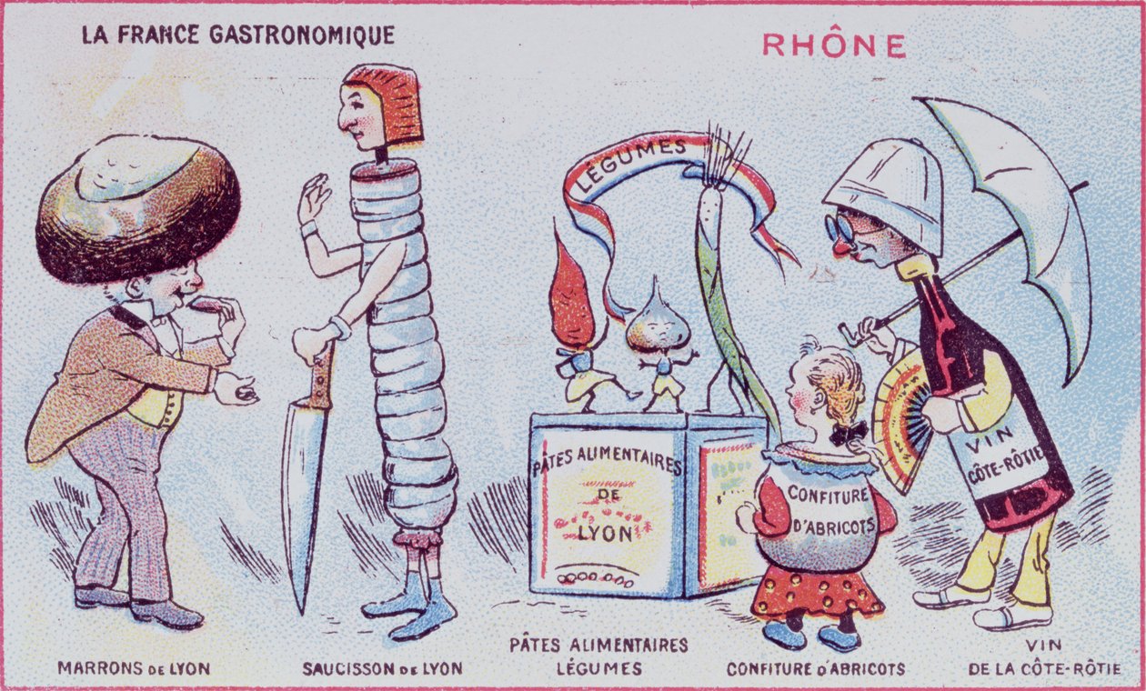 Salgsfremmende og pedagogisk kort for barn av matspesialiteter i Rhone-regionen, ca. 1900 av French School