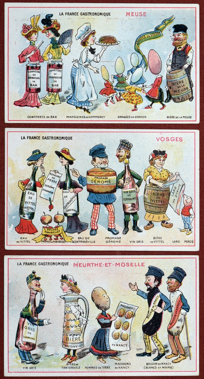 Salgsfremmende og pedagogiske kort for barn som viser matspesialiteter fra Lorraine-regionen, ca. 1910 av French School