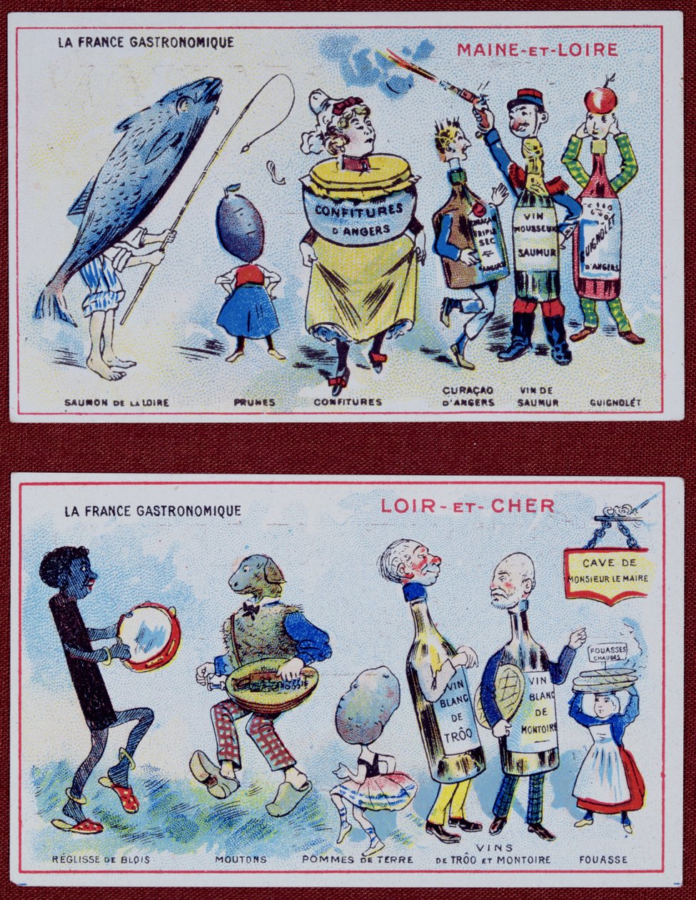 Salgsfremmende og pedagogiske kort for barn som viser matspesialiteter fra regionene Maine-et-Loire og Loir-et-Cher, ca. 1910 av French School