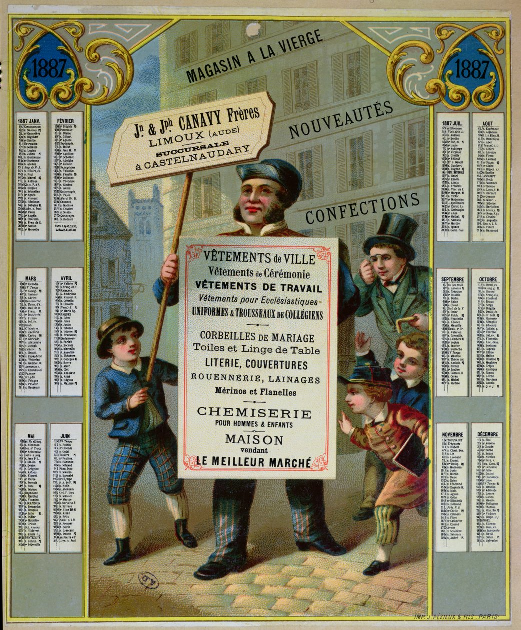 Kampanjekalender for 1887-reklame for Canavy Freres-skreddere og sykle, ca. 1886 av French School