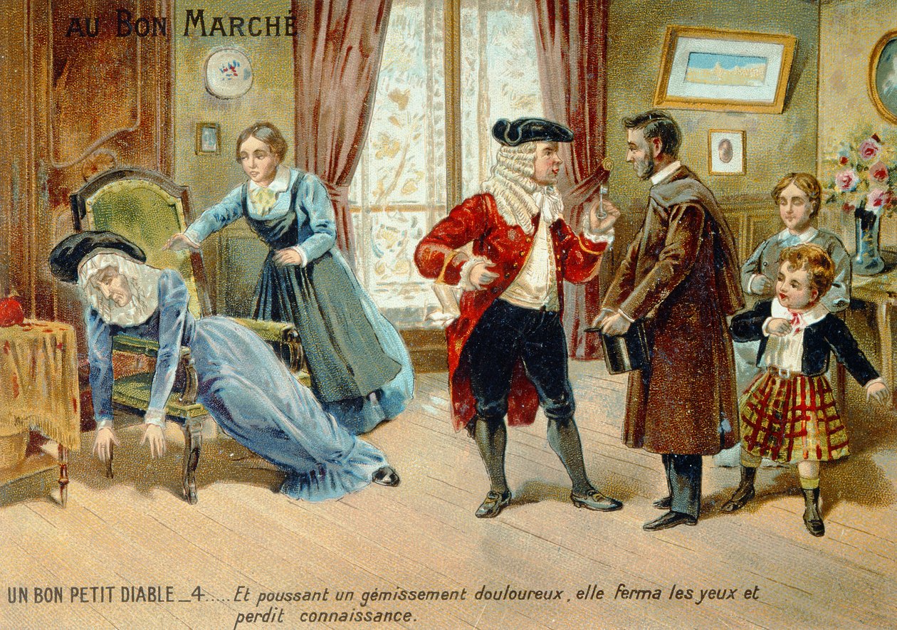 Kampanjekortreklame Le Bon Petit Diable av Comtesse de Segur, slutten av det nittende århundre av French School