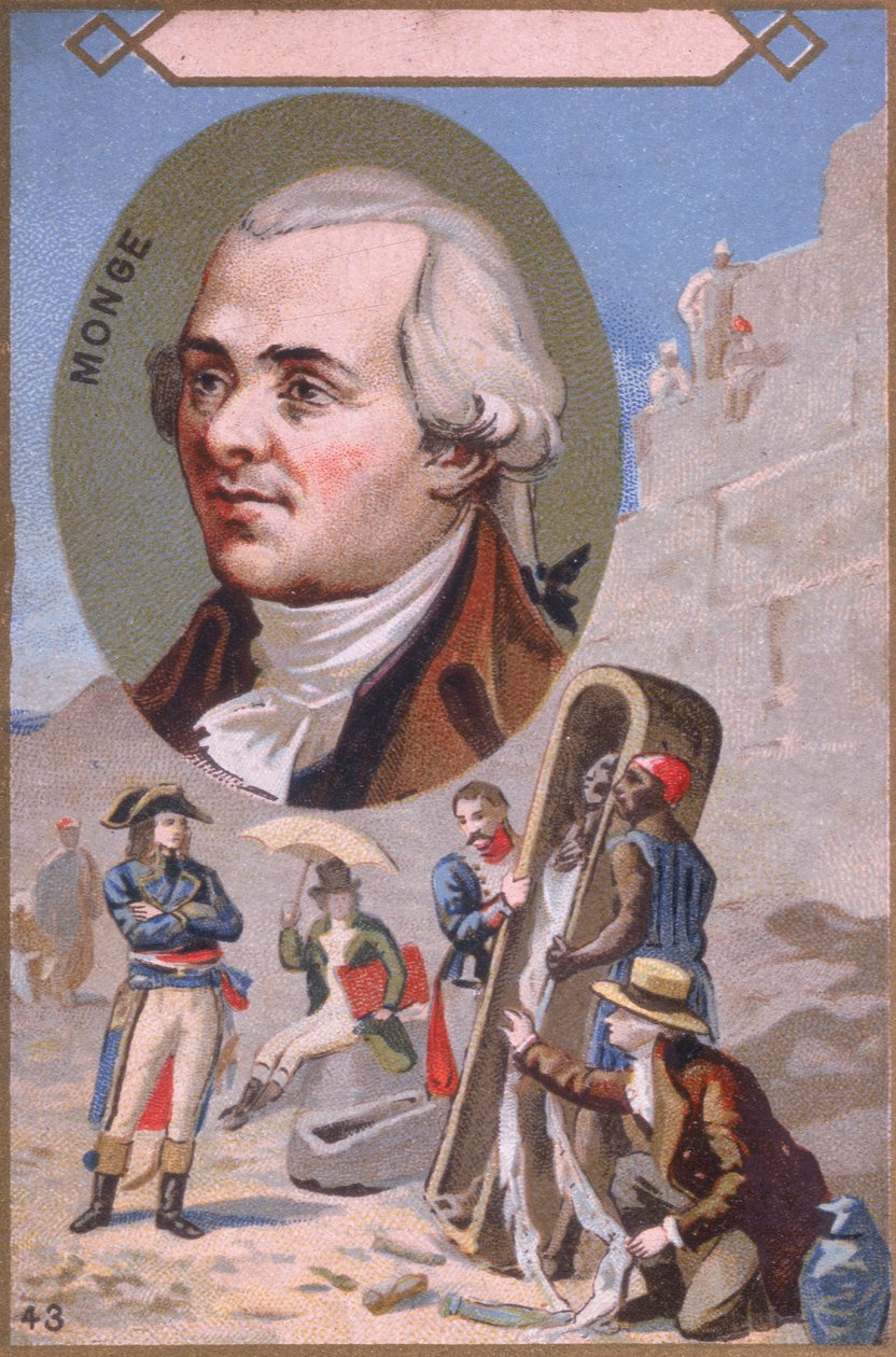 Kampanjekort som viser Gaspard Monge (1746–1818) som presenterer en mumie for Napoleon Bonaparte (1769–1821) under den egyptiske kampanjen, sent på 1800-tallet av French School