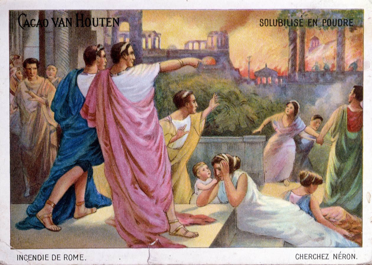 Kampanjekort for Cacao van Houten som drikker sjokolade som illustrerer brenningen av Roma i 64 e.Kr., ca. 1910 av French School