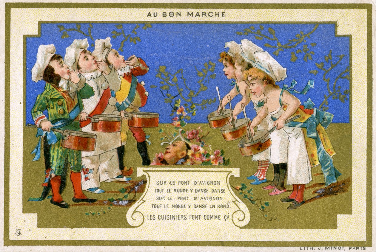 Kampanjekort for det parisiske varehuset Au Bon Marché, som viser kokker som danser på broen i Avignon, ca. 1895 av French School