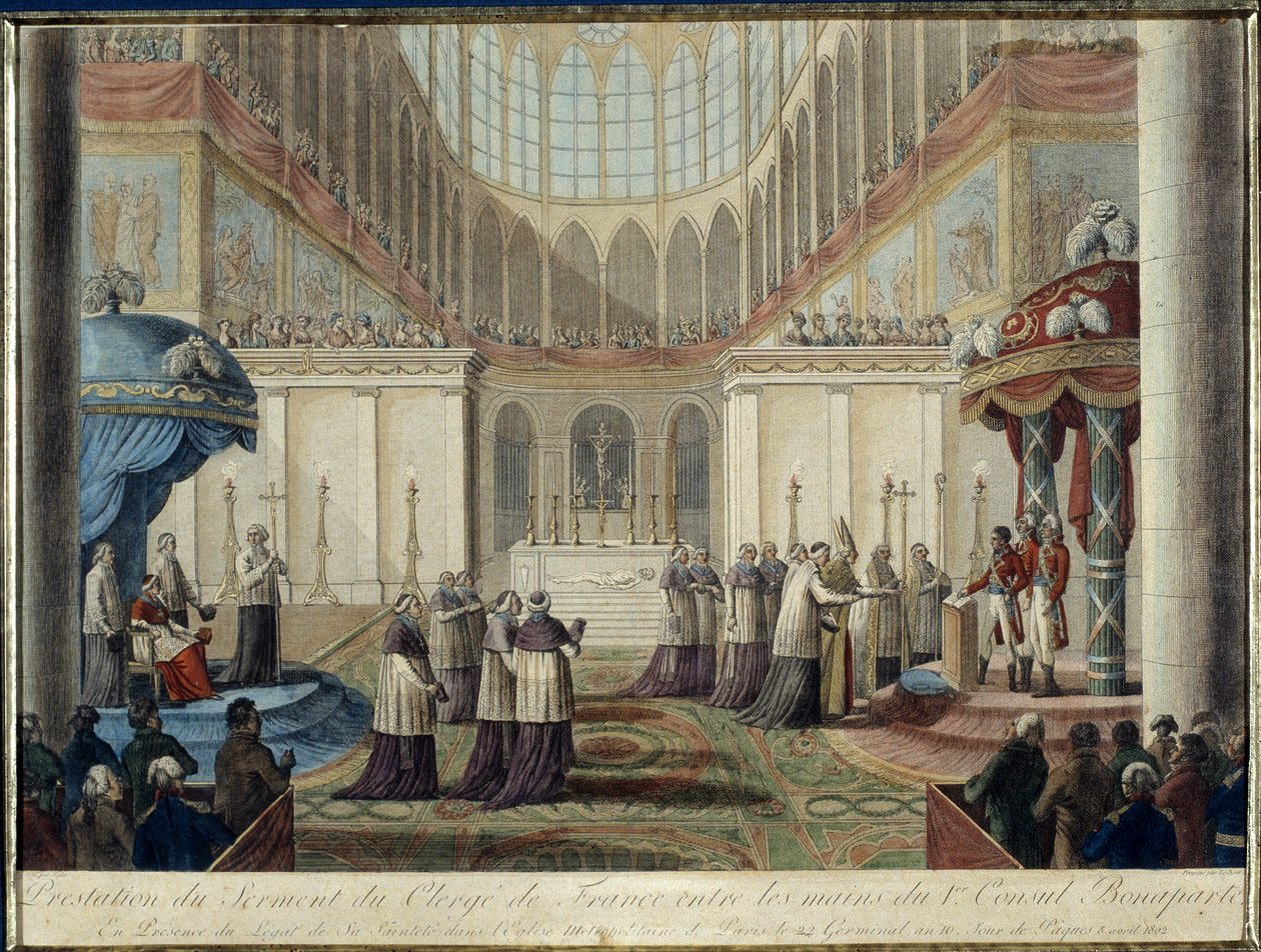 Kunngjøring av konkordatet av 1801: sverget inn av den franske presten i hendene på den 1. konsul Bonaparte, i nærvær av legaten av hans Hellighet i Metropolitan Church of Paris den 22. spireår 10, påskedag 8. april 1802 av French School