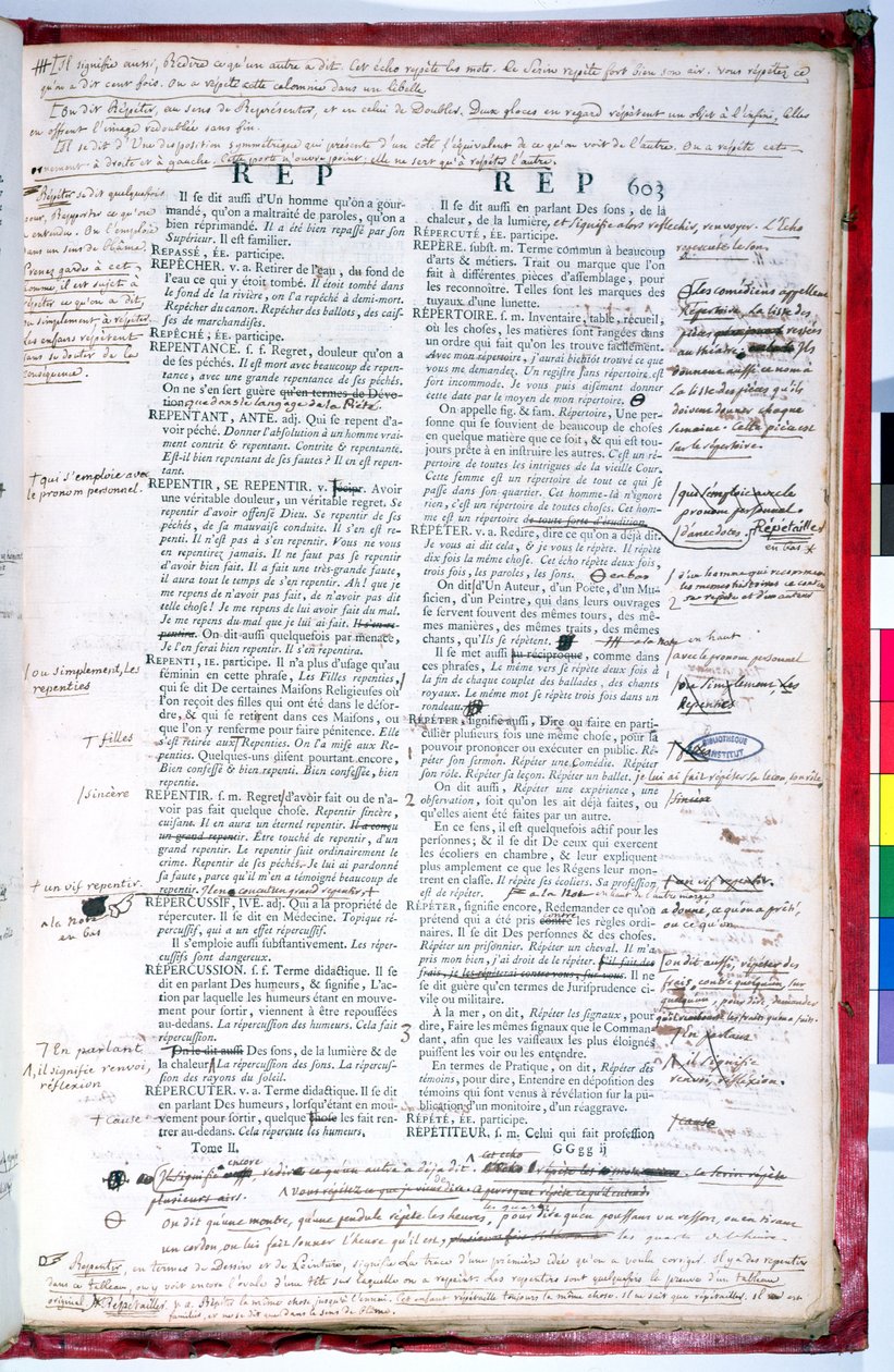 Korrekturside med rettelser av en utgave av French Academy-ordboken (blekk på papir) (se også 179945) av French School